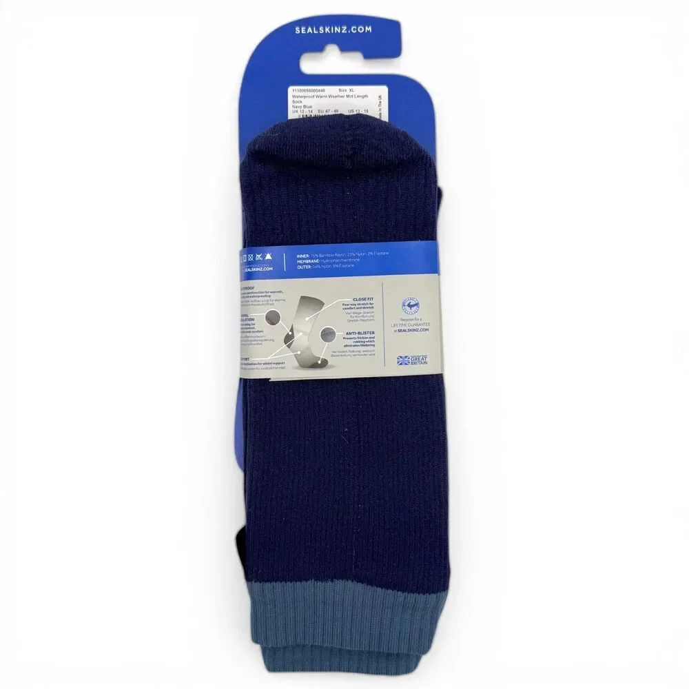 NEW Sealkskinz Unisex Waterproof Warm Weather Mid Length Sock Navy XL (13-15)